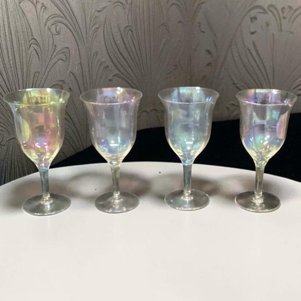 Fostoria Iridescent Wine Glasses, Set Of 4 Vintage Rainbow Sheen Luster Stemware